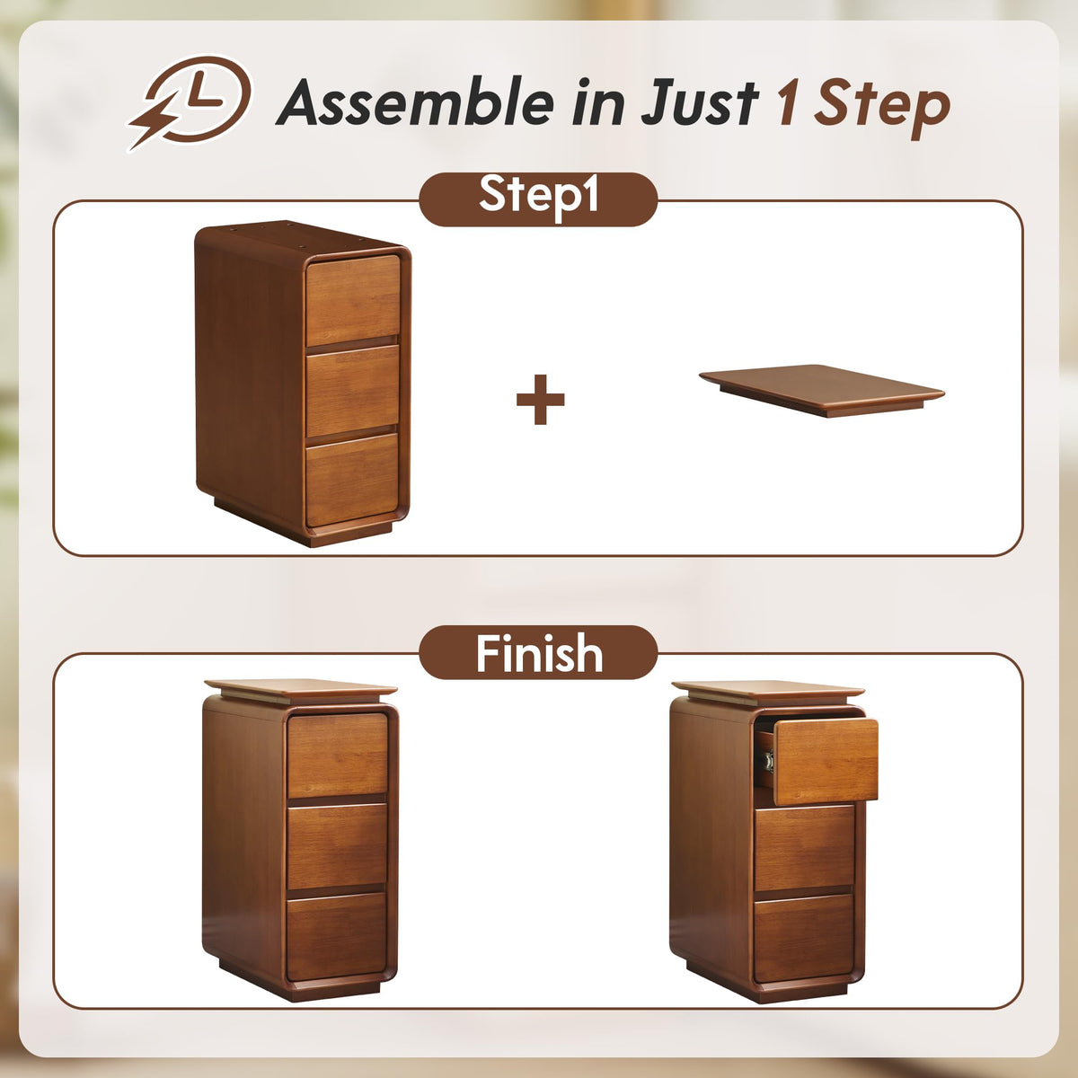 Solid Wood Nightstand, Fully Assembled Narrow Bedside Table for Bedroom