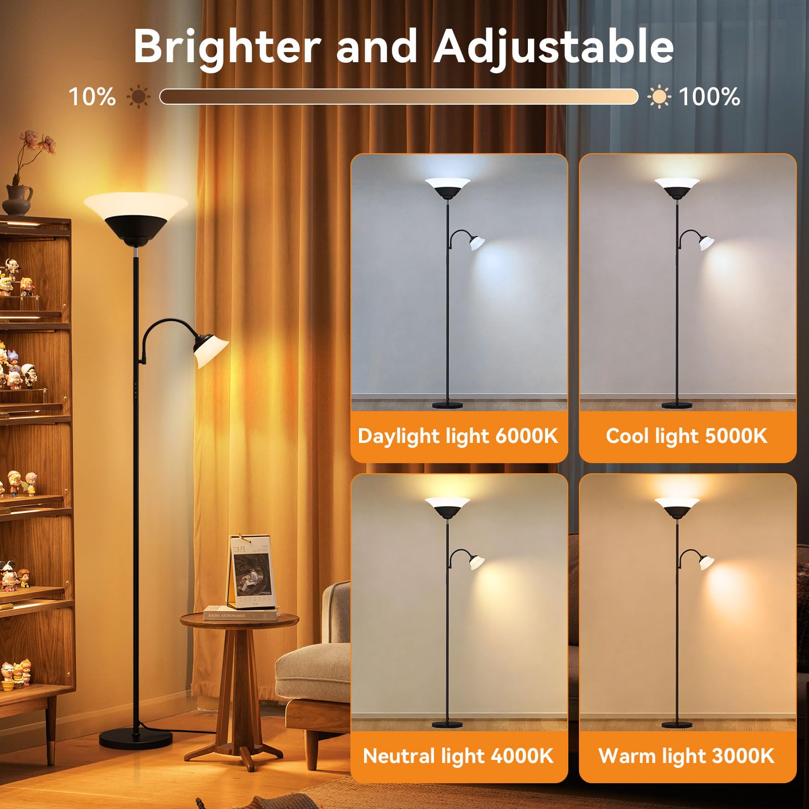 SIBRILLE 2-in-1 Torchiere Floor Lamp, 34W Super Bright LED Standing Lamp with Remote & Touch Control, 72" Dimmable Adjustable Corner Reading Lamp for Living Room, Bedroom, Office, Black