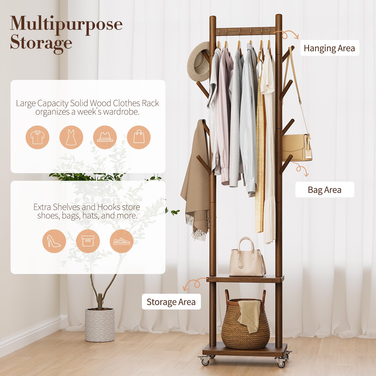 Solid Wood Rolling Coat Rack with Hooks & Shelves