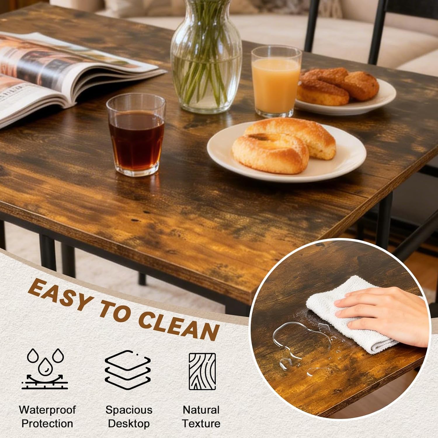 Viugex 5-Piece Dining Table Set for 4, Modern Wooden Kitchen Table with Upholstered Chairs, Space-Saving Rectangle Dining Room Table for Small Space, Dinette, Apartment, Easy to Assemble, Rustic Brown