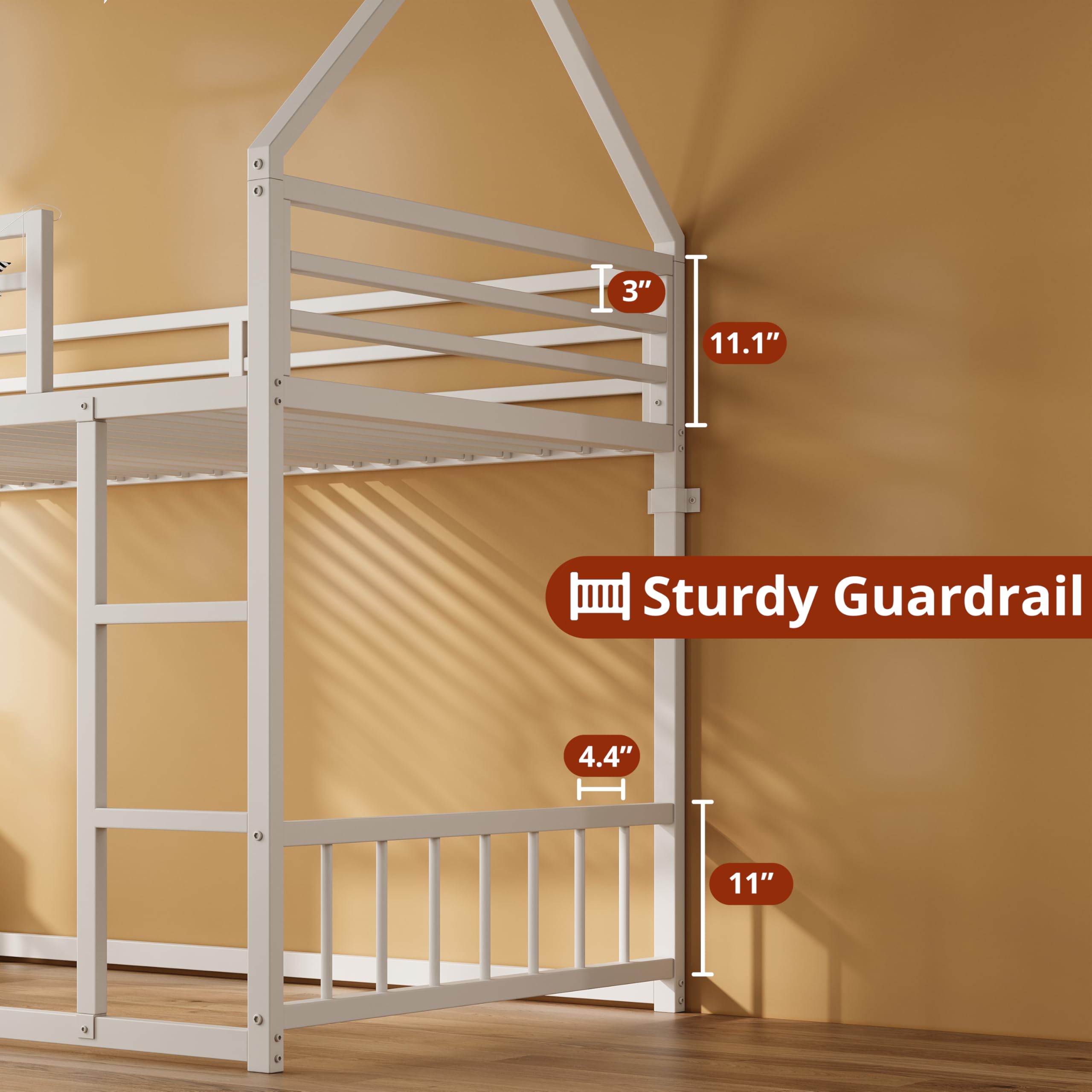 Twin Over Twin House Bunk Bed with Ladder & Guardrail