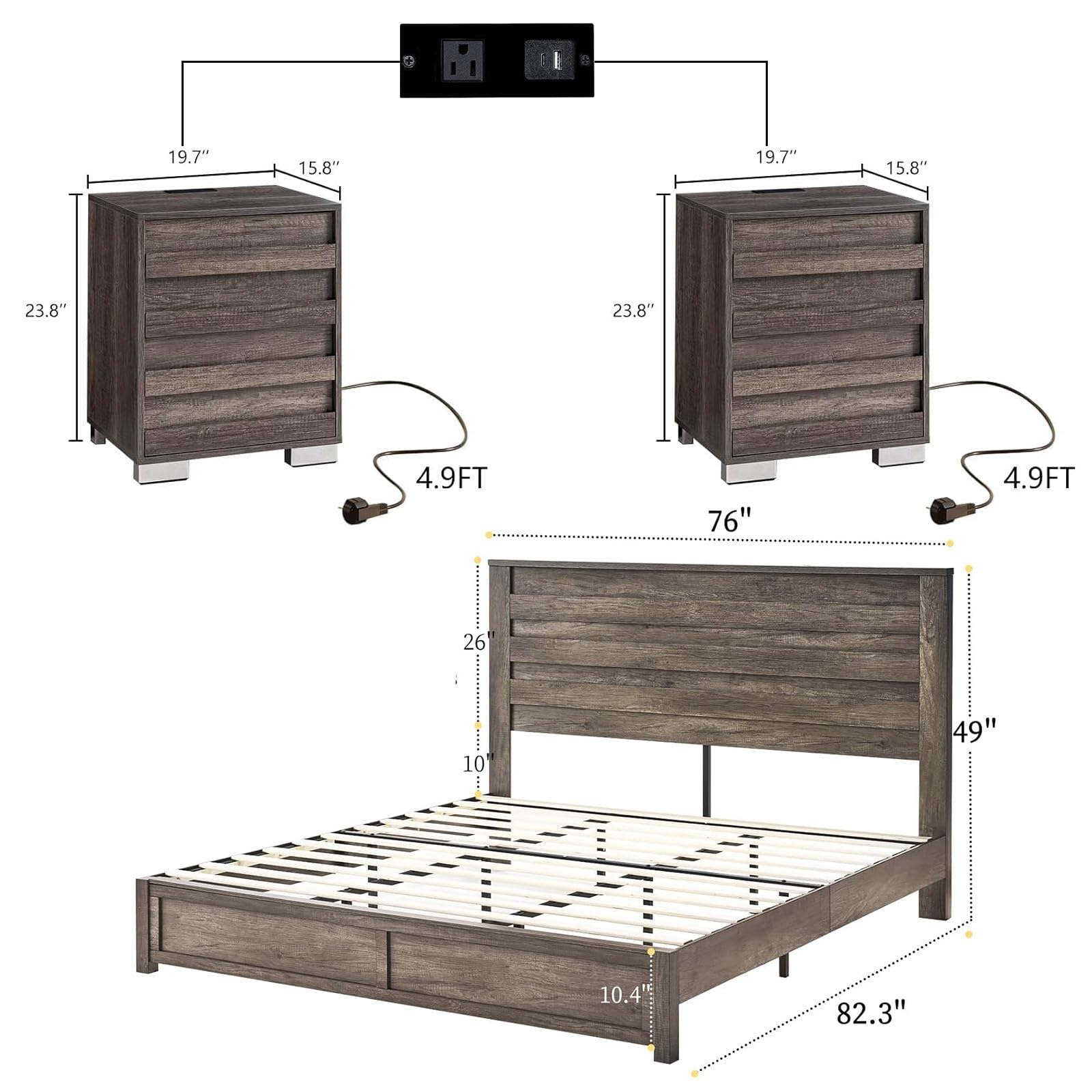 LUXOAK 3 Pcs Bedroom Furniture Sets,Includes Farmhouse King Size Bed Frame with 49" Tall Headboard and Nightstand Sets of 2 with Charging Station, Slated Handles & Stainless Steel Feet, Rustic Grey
