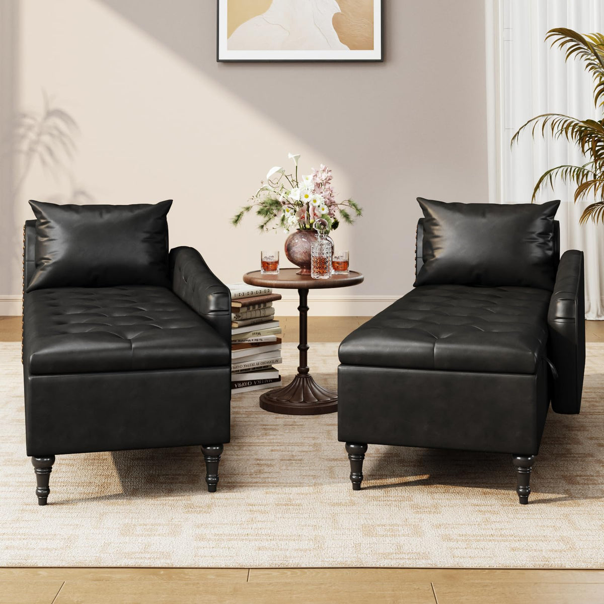 Faux Leather Chaise Lounge Chair with Storage, Left Rolled Armrest, Black