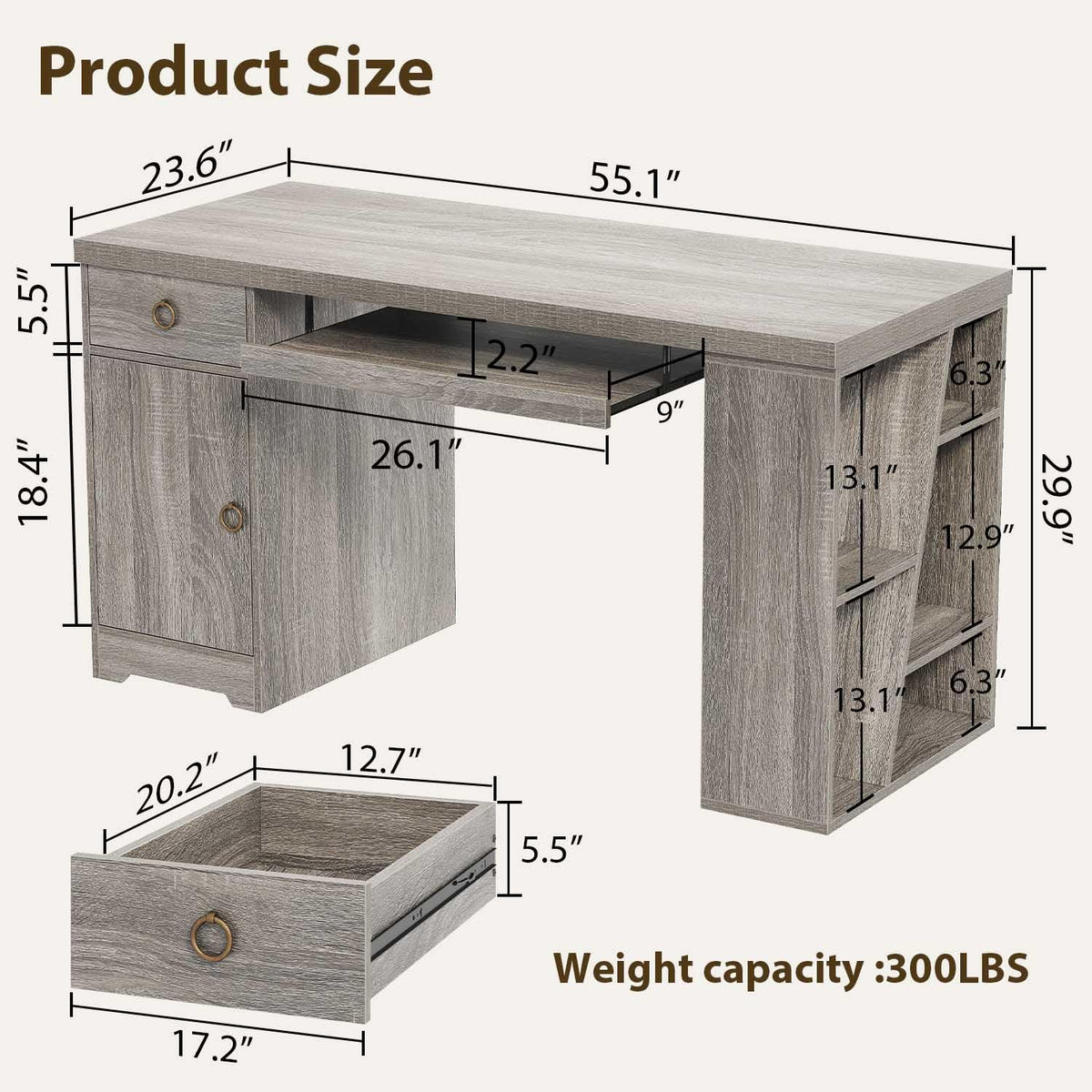 HSH 55" Office Desk with Keyboard Tray, Modern Computer Desk with Storage