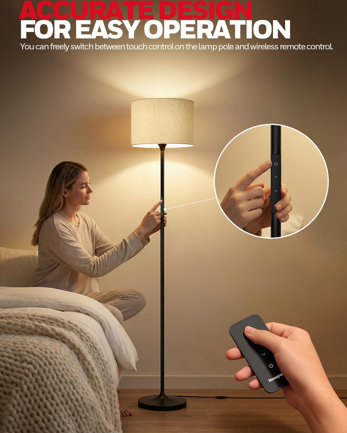 Honeywell F3 Sunturalux™ LED Floor Lamp, CRI≥92 Eye-Care Standing Lamp, Remote & Touch Control, 2700K-5700K Dimmable Tall Lamp with Magnetic Fabric Shade for Living Room Bedroom