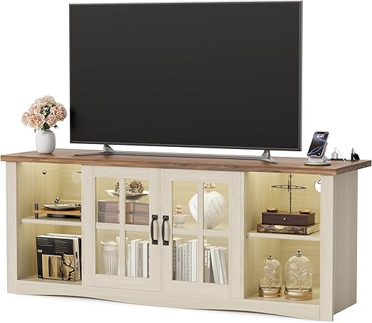 58" TV Stand with LED Lights, Glass Doors & USB Charging
