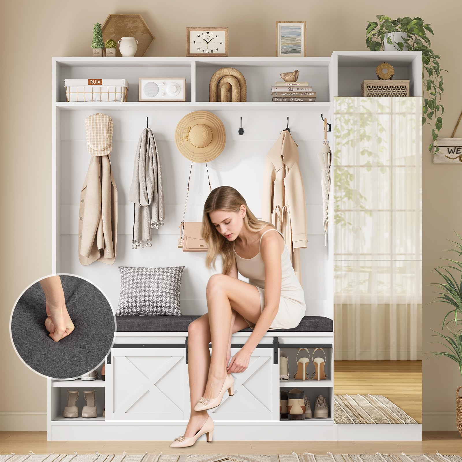 60IN Hall Tree with Bench, Shoe Storage & Mirror