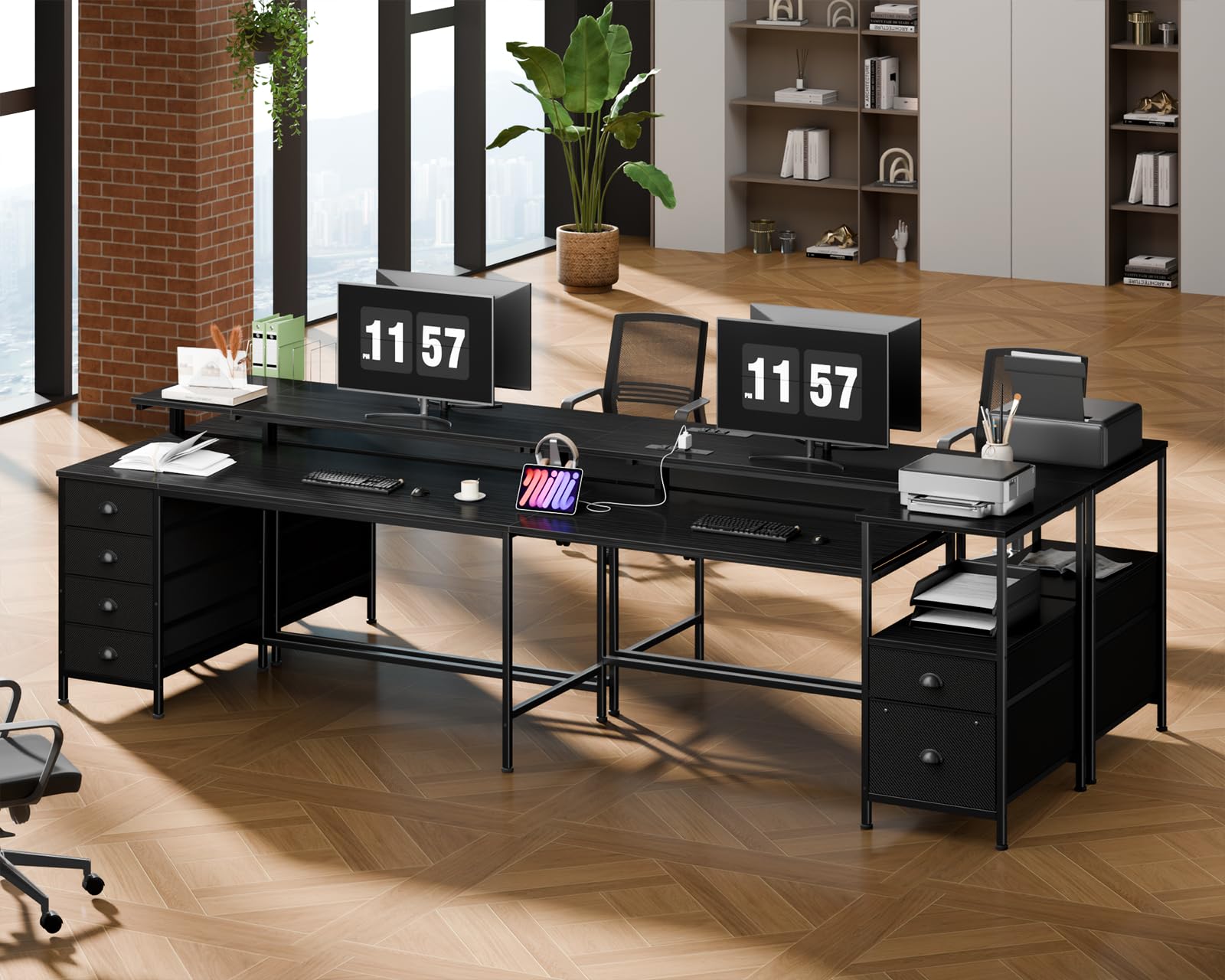 95" Two-Person Gaming & Office Desk with LED Lights, Power Outlets & Storage