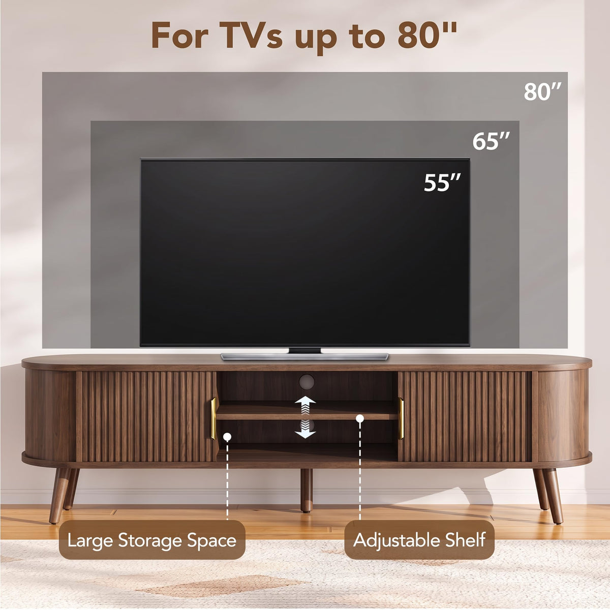 Decofy Mid Century TV Stand for TVs up to 80" with Fluted Sliding Doors, Modern Entertainment Center with Hidden Storage and Adjustable Shelf, Media Console Table for Living Room,Bedroom, Walnut