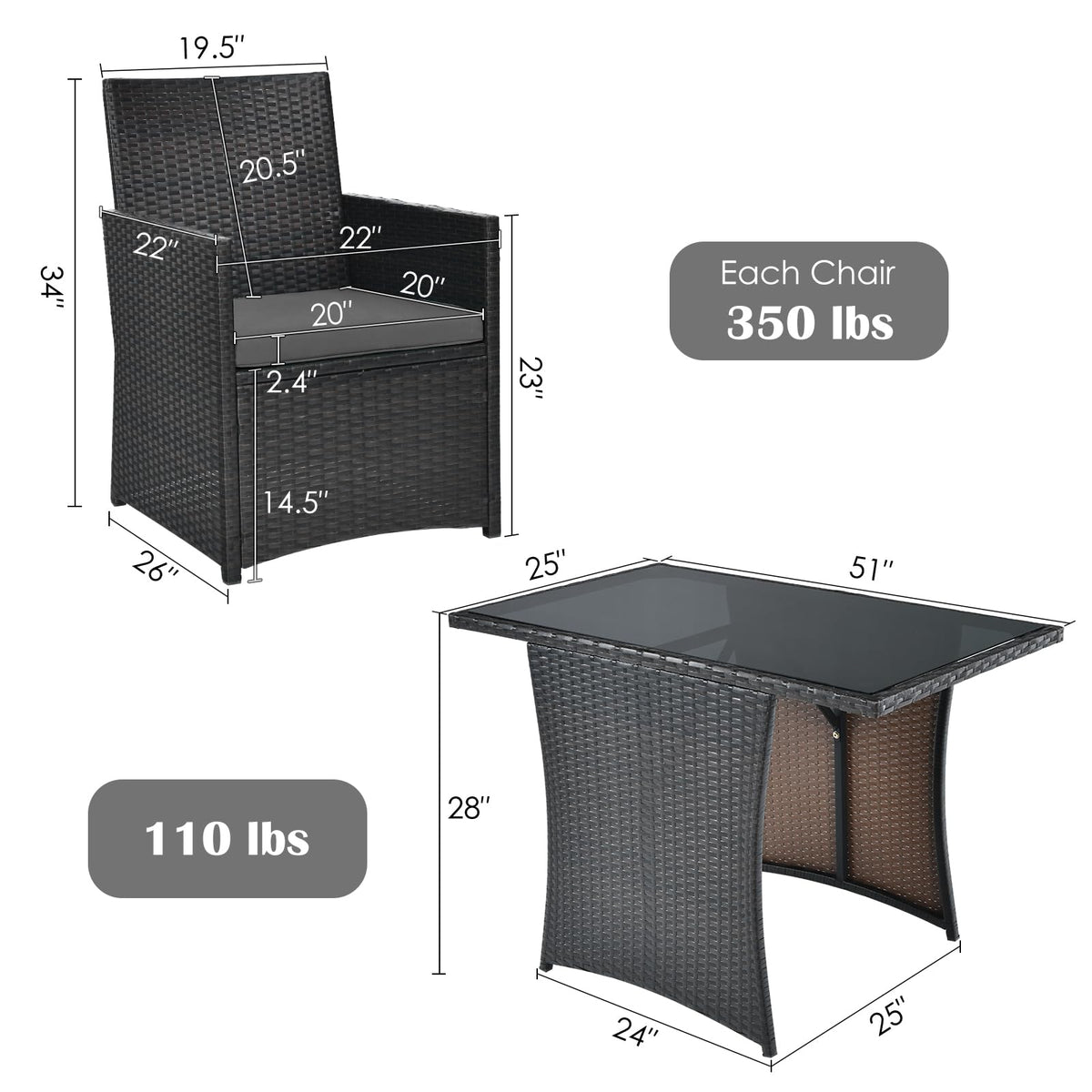 DORTALA Wicker Patio Bistro Set 3 Piece, Outdoor Table and Chairs with Tempered Glass Tabletop, Cushions, Small Rattan Furniture Conversation Sofa Set for Balcony, Porch, Backyard, Deck, Grey