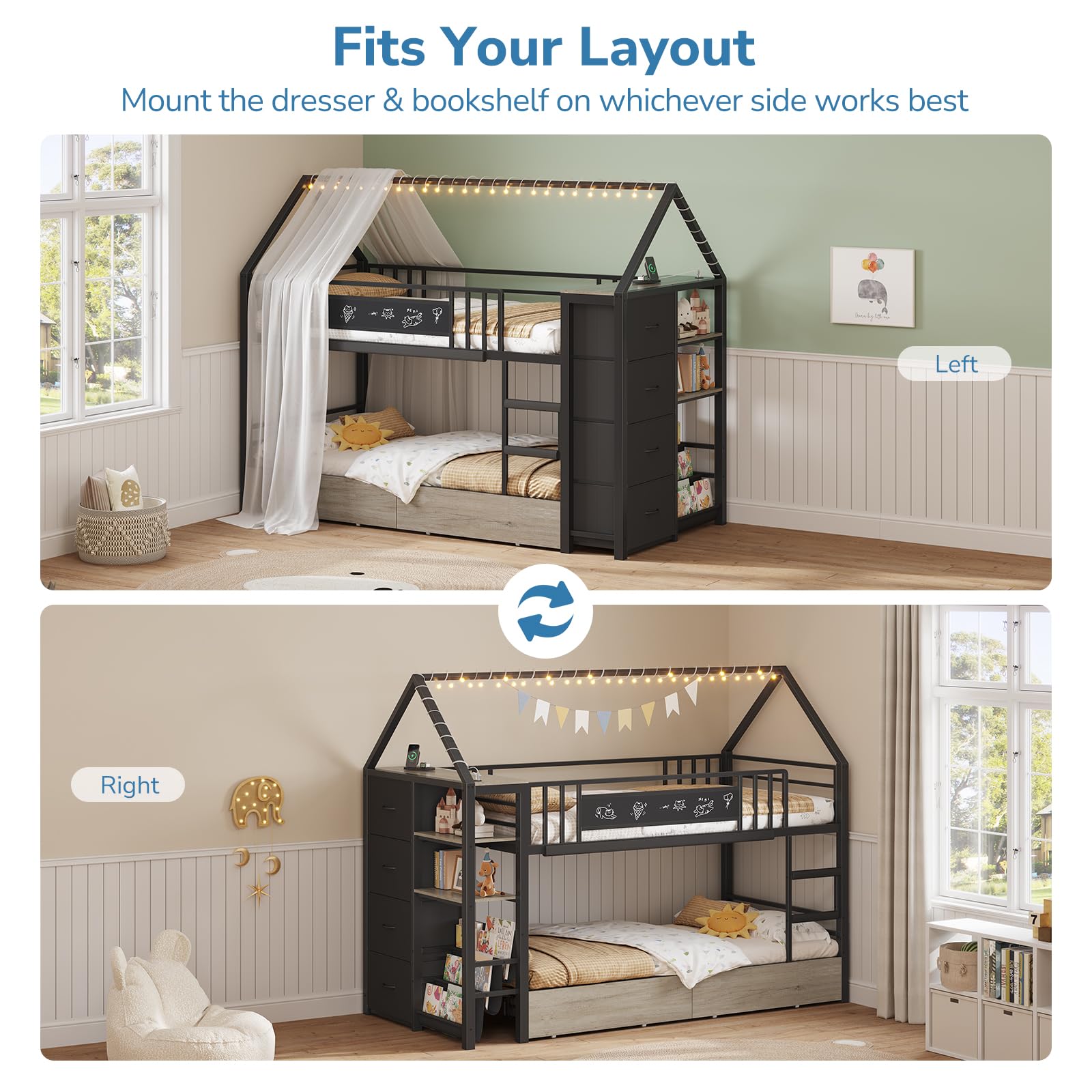 House-Shaped Twin Bunk Bed with Storage Drawers & String Lights