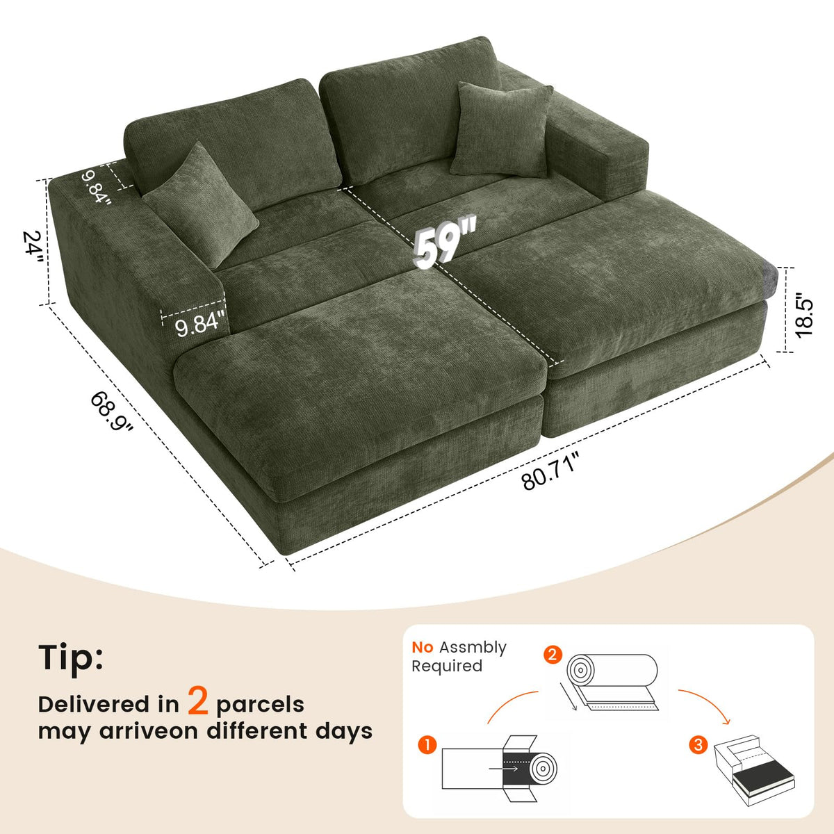 Mifnas Oversized Double Chaise Lounge Chair, Cloud Boneless Sofa Bed, Green