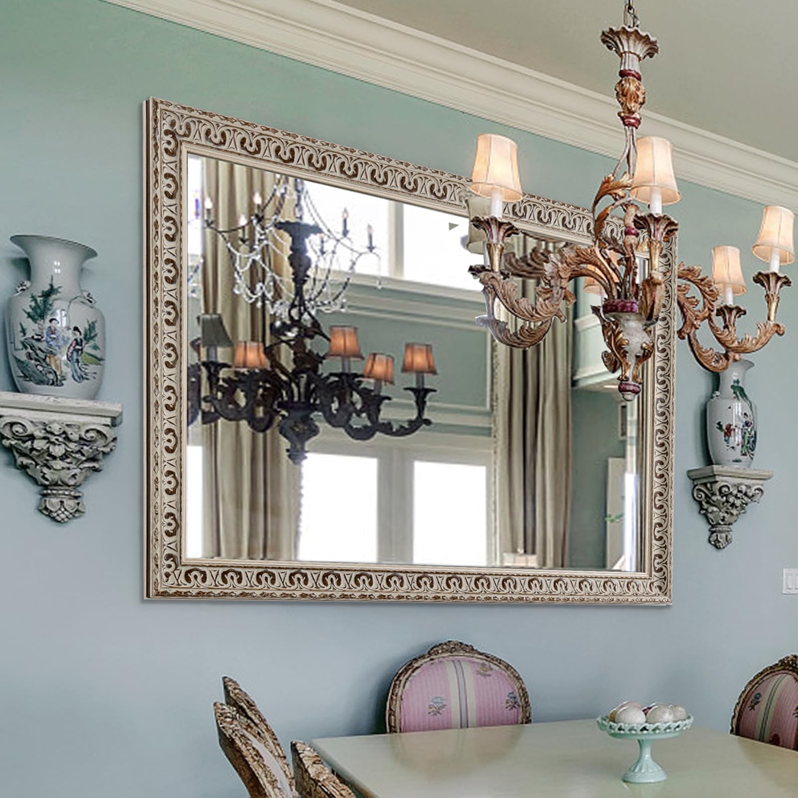 Vintage White Wall Mirror with Butterfly Carvings & Solid Wood Frame