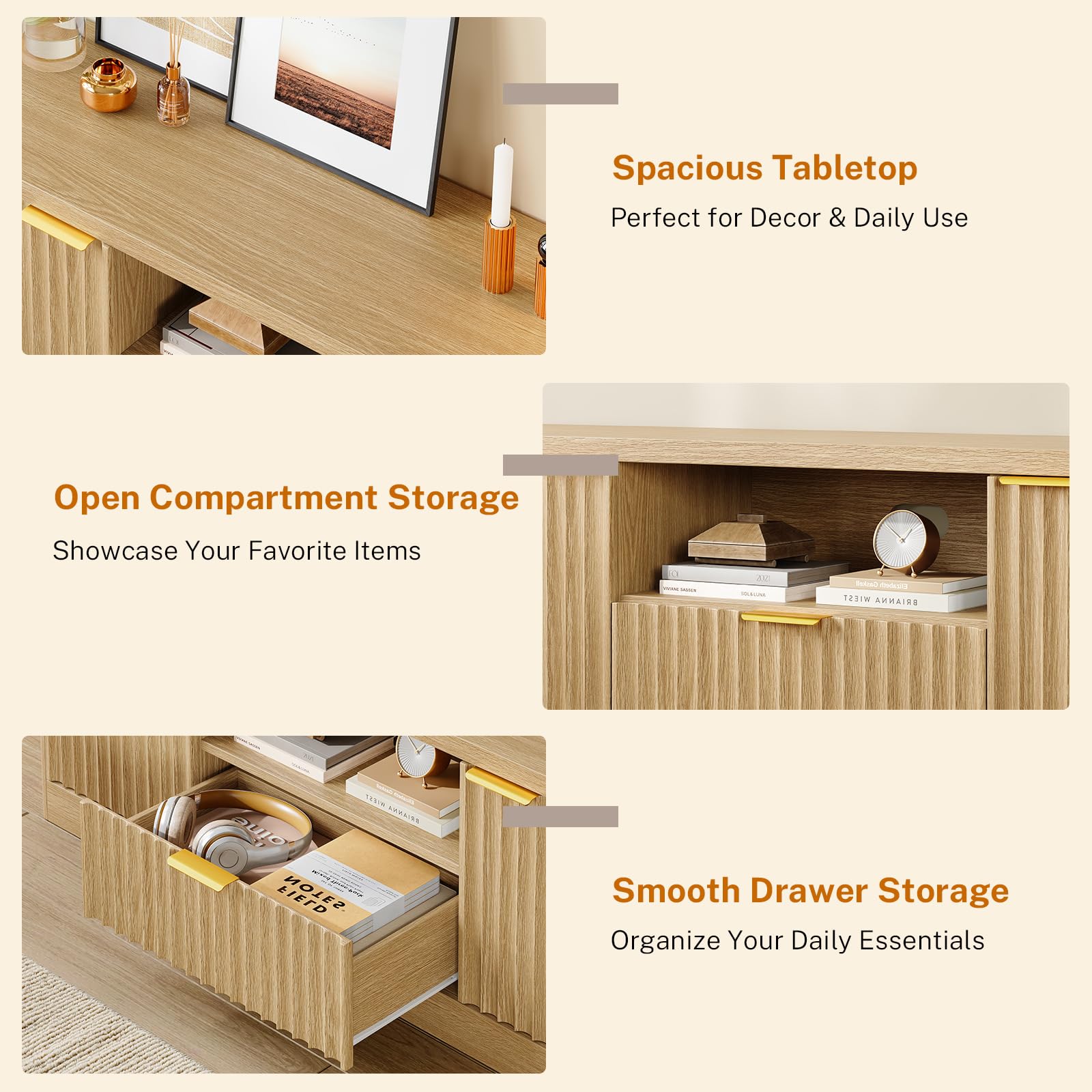 55" Fluted TV Stand with Drawer & Open Shelf