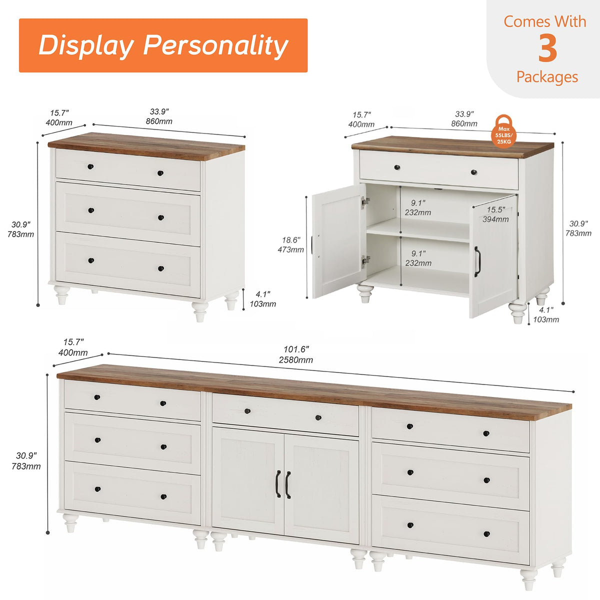 White Buffet Sideboard with 7 Drawers