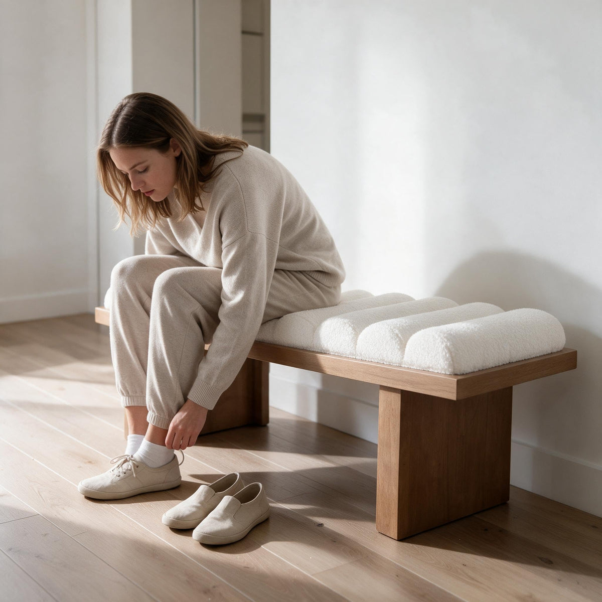 White Sherpa Upholstered Bench