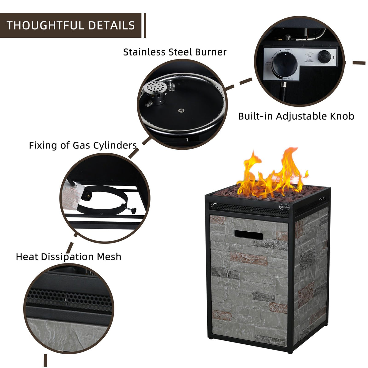 Afterglow Terrafab Grey Panels with Steel Frame 16" Square 40,000 Btu Propane Fire Column Outdoor Wood Effect Fire Pit for Outdoor Patio Garden Backyard Decking Decor