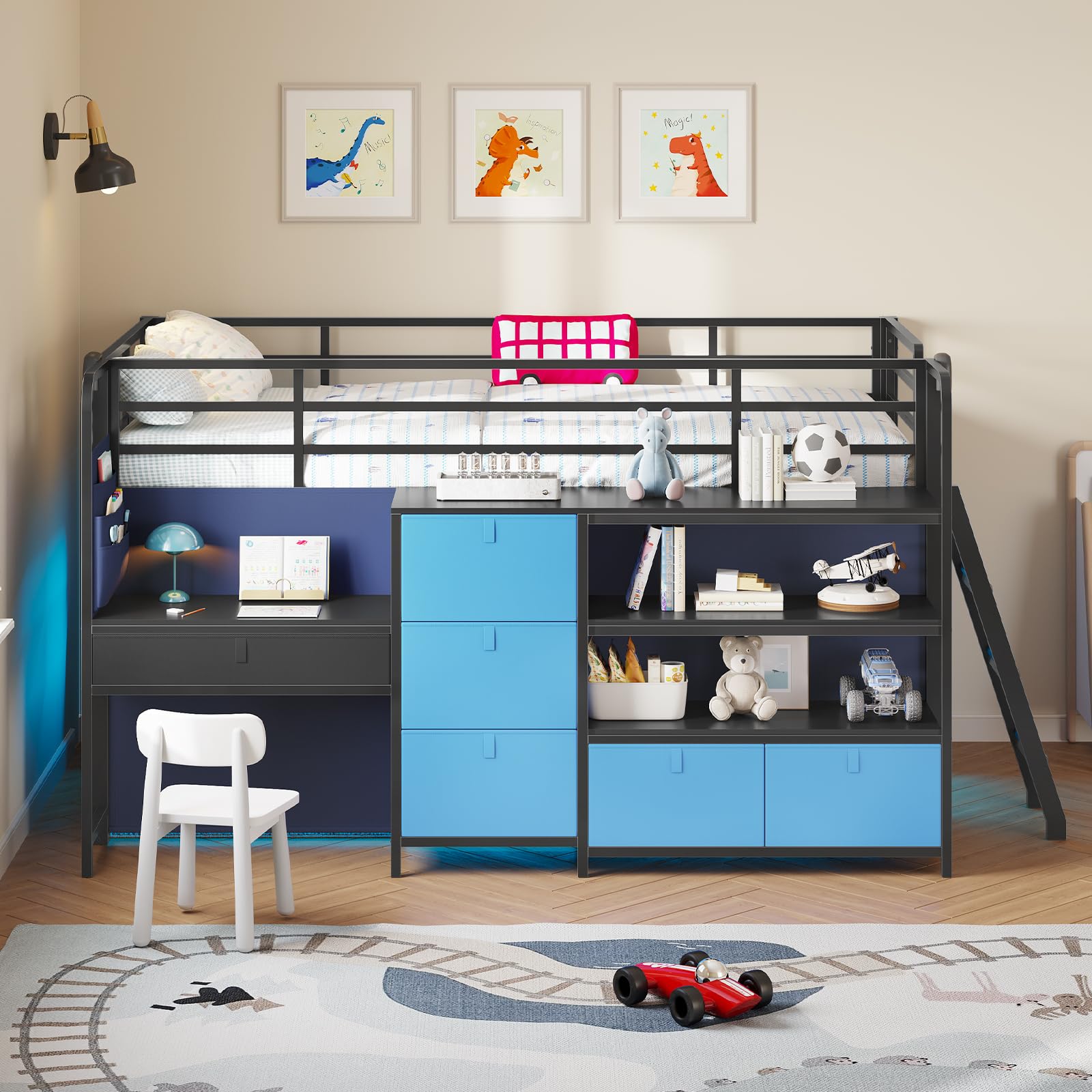 Kids Twin Low Loft Bed with Desk, Storage & LED Play Tent