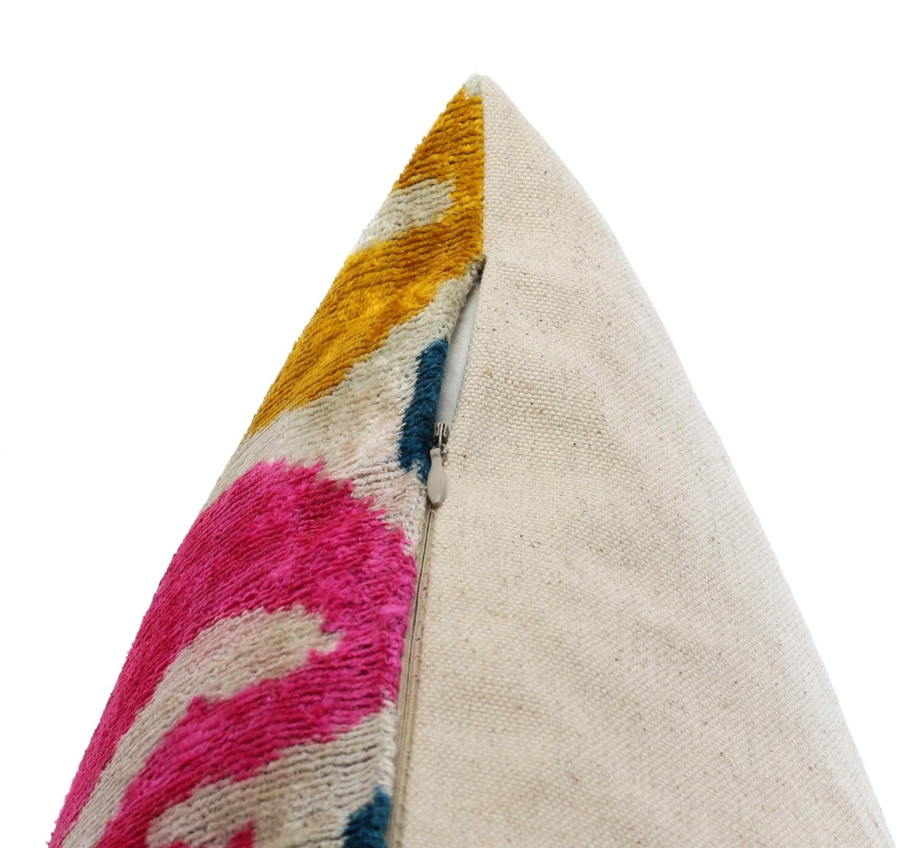 CANVELLO Handmade Velvet Lumbar Pillow 16"x24" in Bright Pink, Teal, and Yellow Floral Ikat Design with Premium Down Feather Insert
