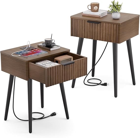 Nightstand Set of 2 with Charging Station & Storage Drawer