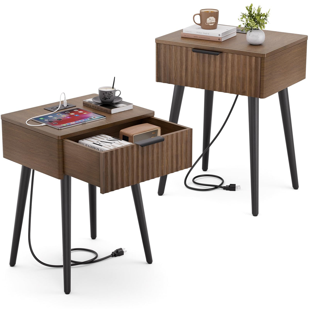 HAIOOU Fluted Mid Century Modern Nightstands Set of 2 with Charging Station