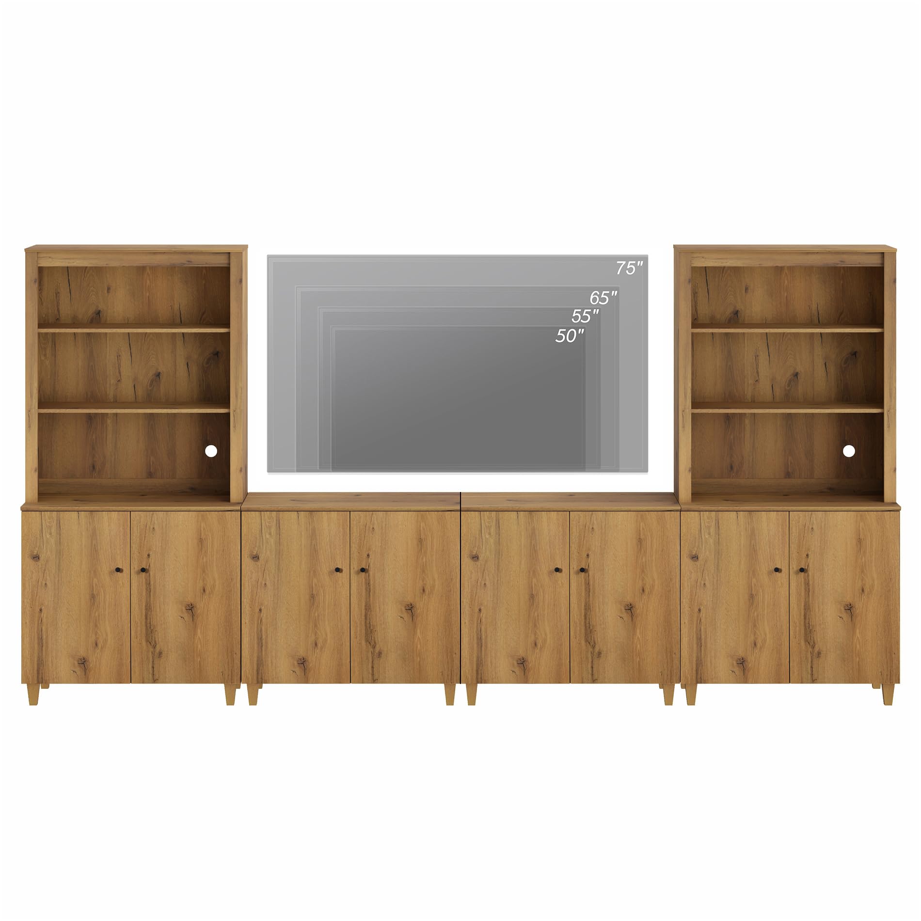 WAMPAT Entertainment Center with Bookshelves for 75" TVs, Mid-Century Modern Wall Unit TV Stand with Cabinets, Wooden Media Console Bookcase Set for Living Room Bedroom Home Theater, Oak Brown