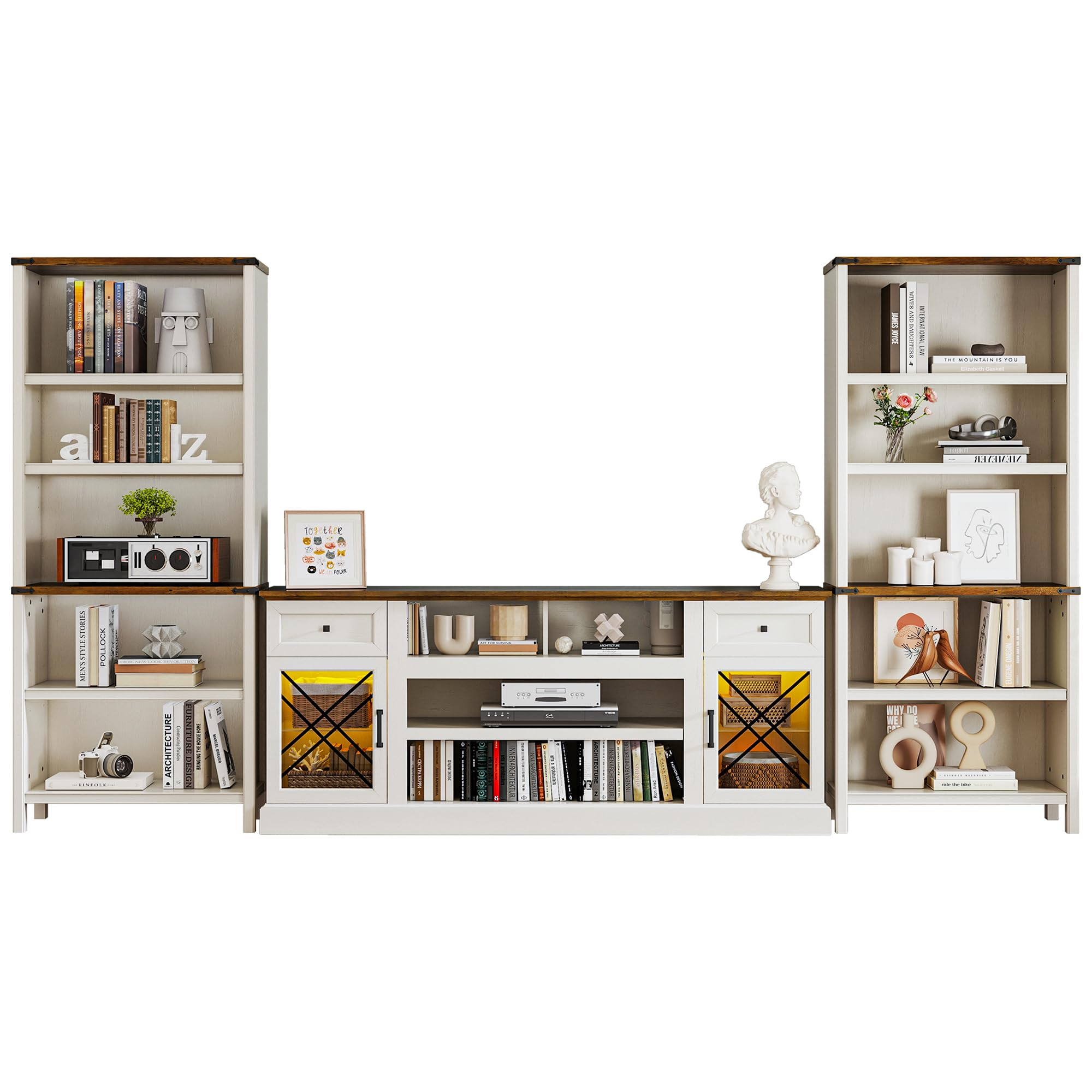 ENOUSHU 3 Pieces Living Room Furniture Sets, 70" TV Stand with LED Lights, Doors and Drawers, 71" Tall Bookcase Set of 2 with Open Display Shelf, Farmhouse Style, Wooden (Antique White)