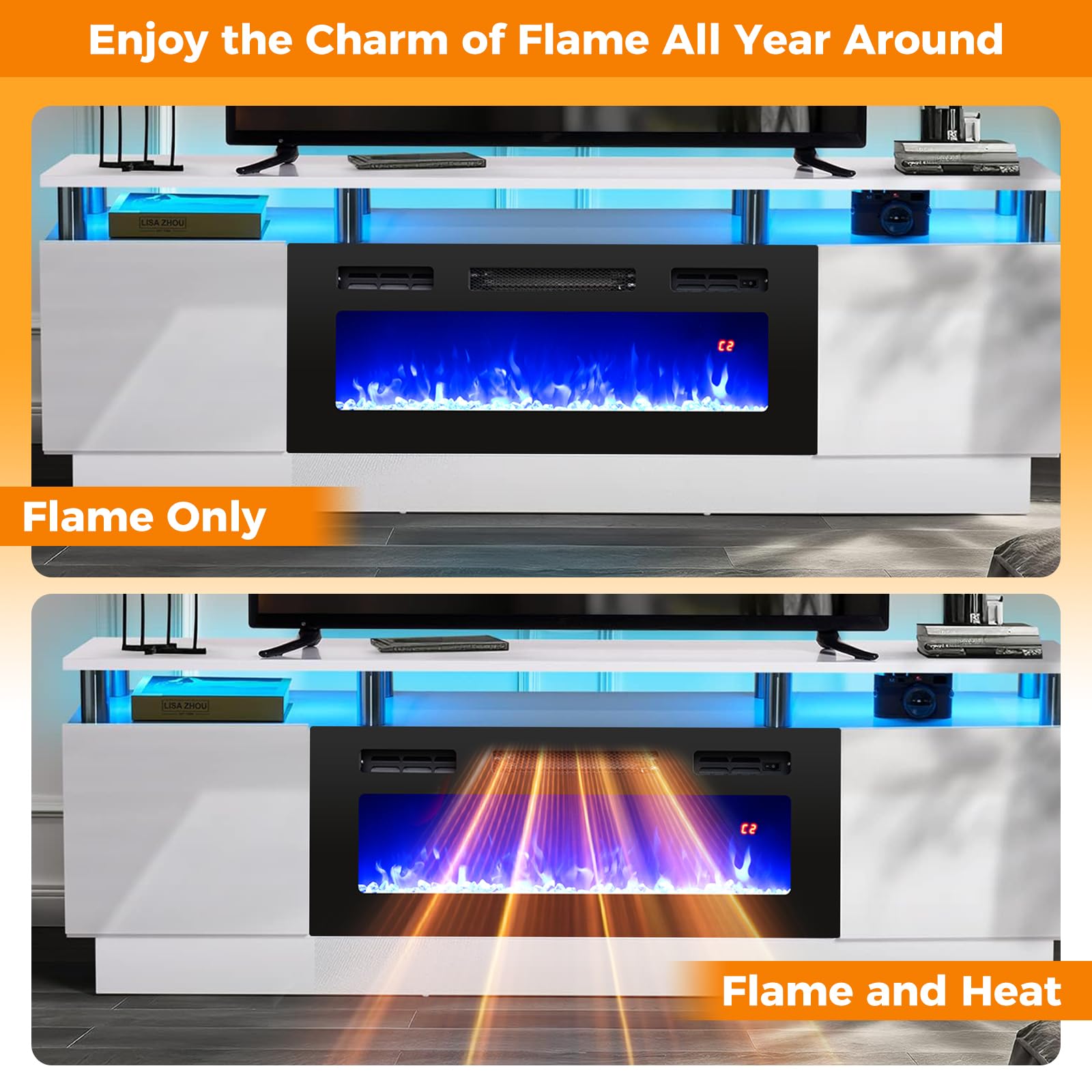 Tangkula 36 Inches Electric Fireplace, 5,000 BTU Fireplace Insert with LED Light Strips, Remote, Crystal Stones & Adjustable Flame Effect, 1-8H Timer, Thermostat & Overheat Protection