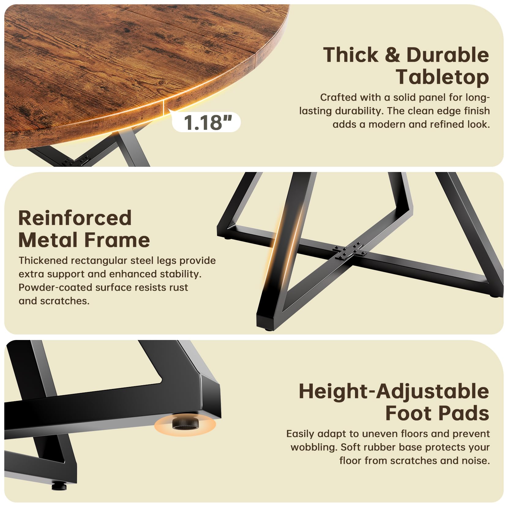 Concho 55" Round Table for 4-6, Circle Dining Dinner Table with Pedestal Metal Frame, Space Saving Wood Kitchen & Dining Room Furniture, Farmhouse Brown