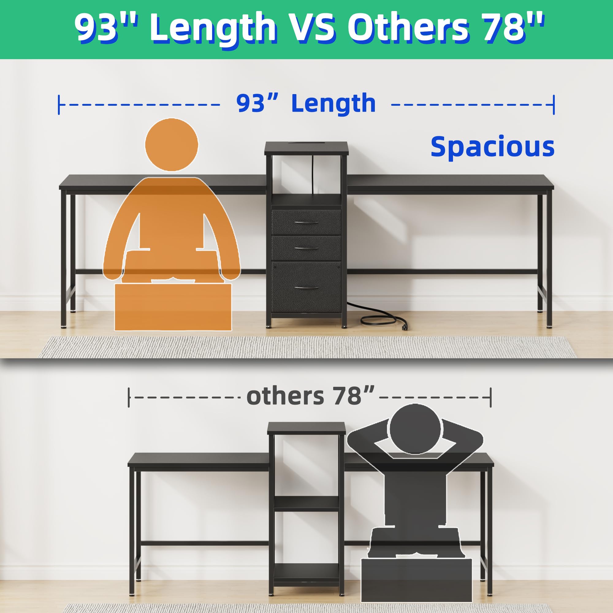 93" Two-Person Desk with Charging Station & 3 Drawers