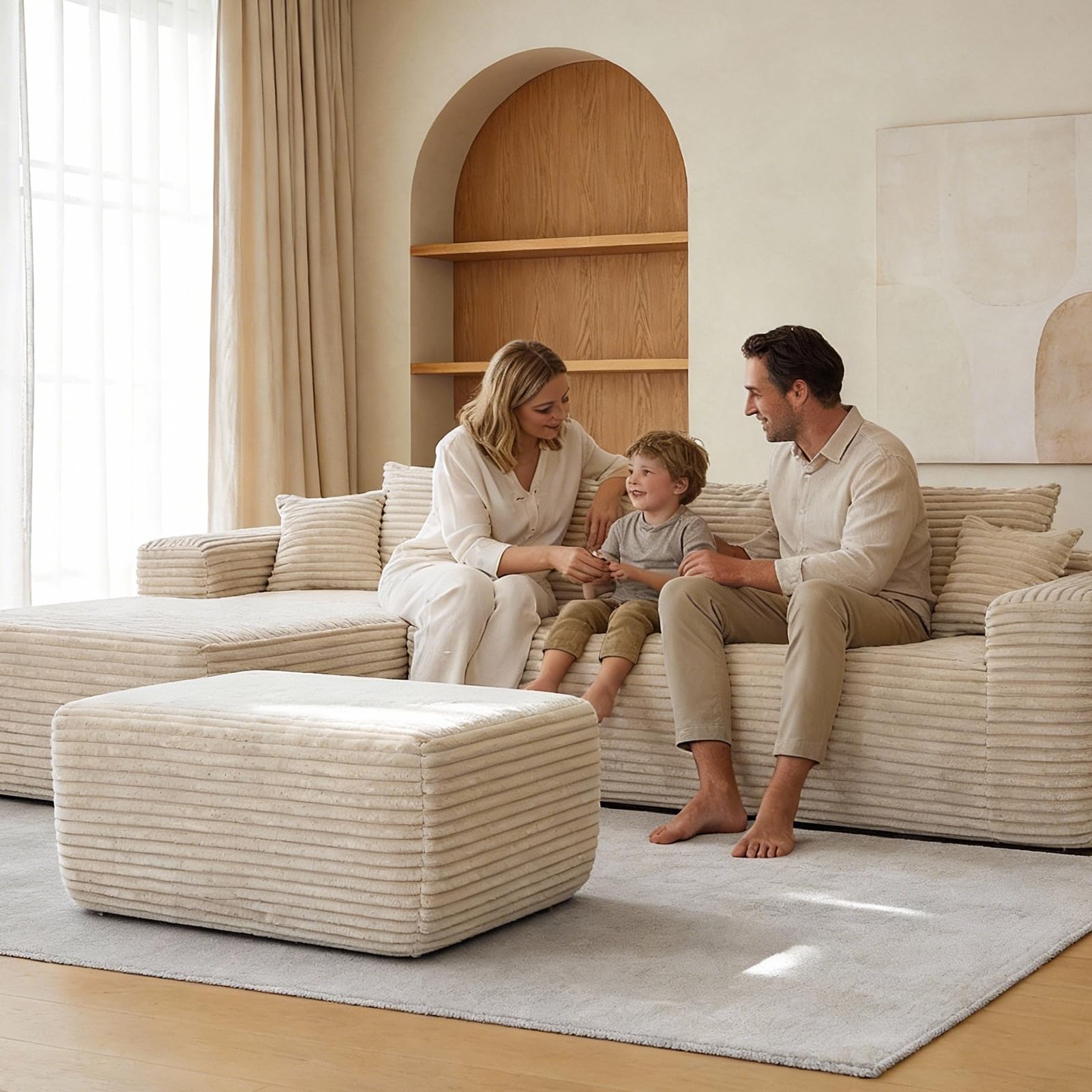Plush Ottoman & L-Shaped Sofa Set