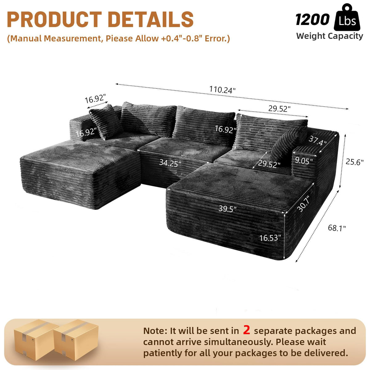 110 Modular Sectional Boneless Sofa with 2 Ottomans, Corduroy U-Shaped Modular Sectional Sofa, Convertible Cloud Couch with Deep Seats, No Assembly Required (Black, 110" 3Seat+2 0ttoman)