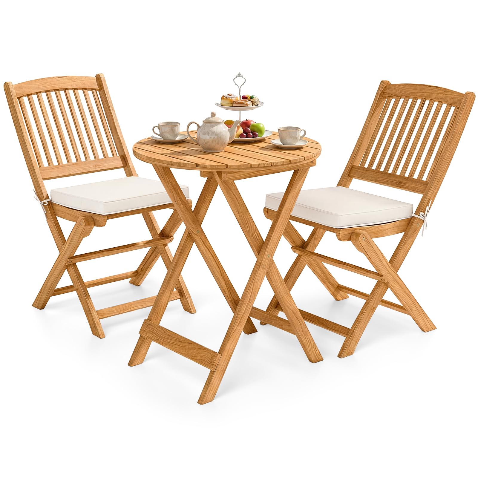 3-Piece Folding Acacia Wood Patio Bistro Set with Cushioned Chairs