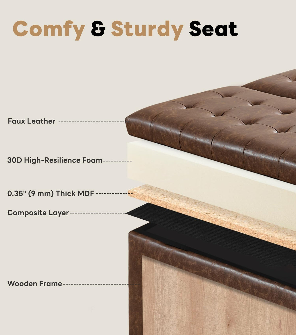 Tbfit 35.5" Large Square Lift Top Storage Ottoman Coffee Table, Brown