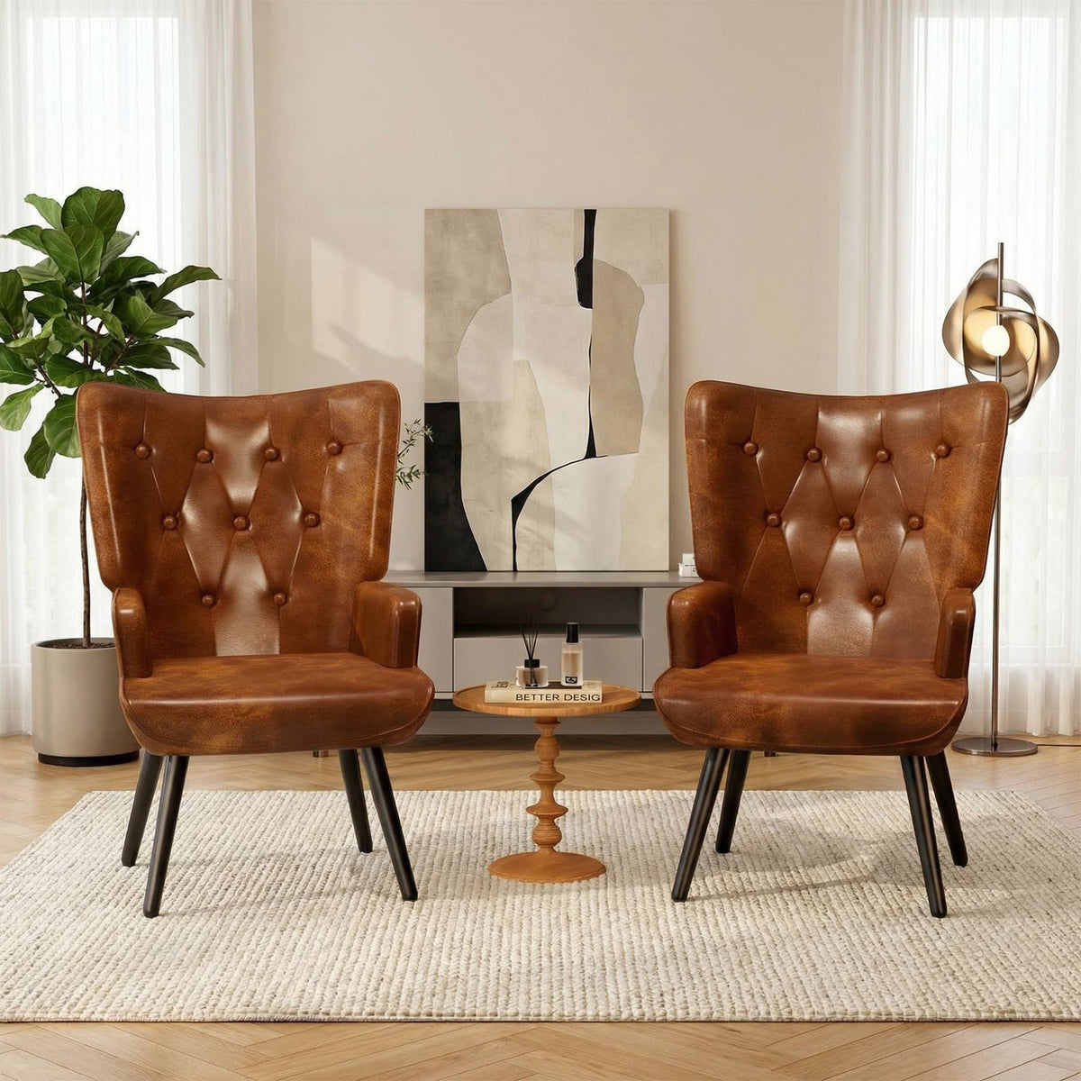 Brown PU Leather Accent Chairs, Set of 2