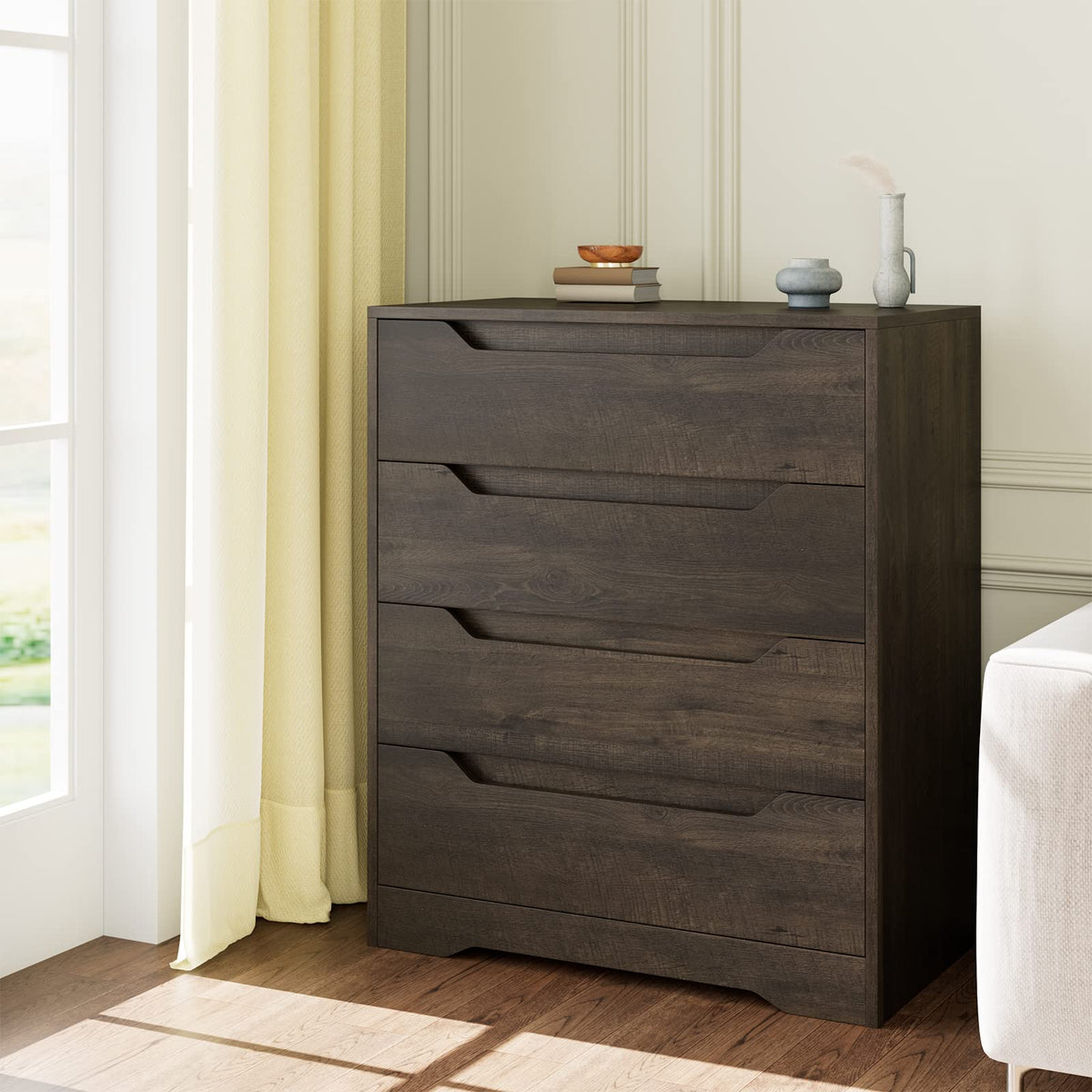 HOSTACK White Dresser, 4 Drawers Dresser, Farmhouse Chest of Drawers with Cut-Out Handles, Small Dressers with Drawers, Wood Makeup Chest Organizer for Living Room, Home Office, Dark Brown