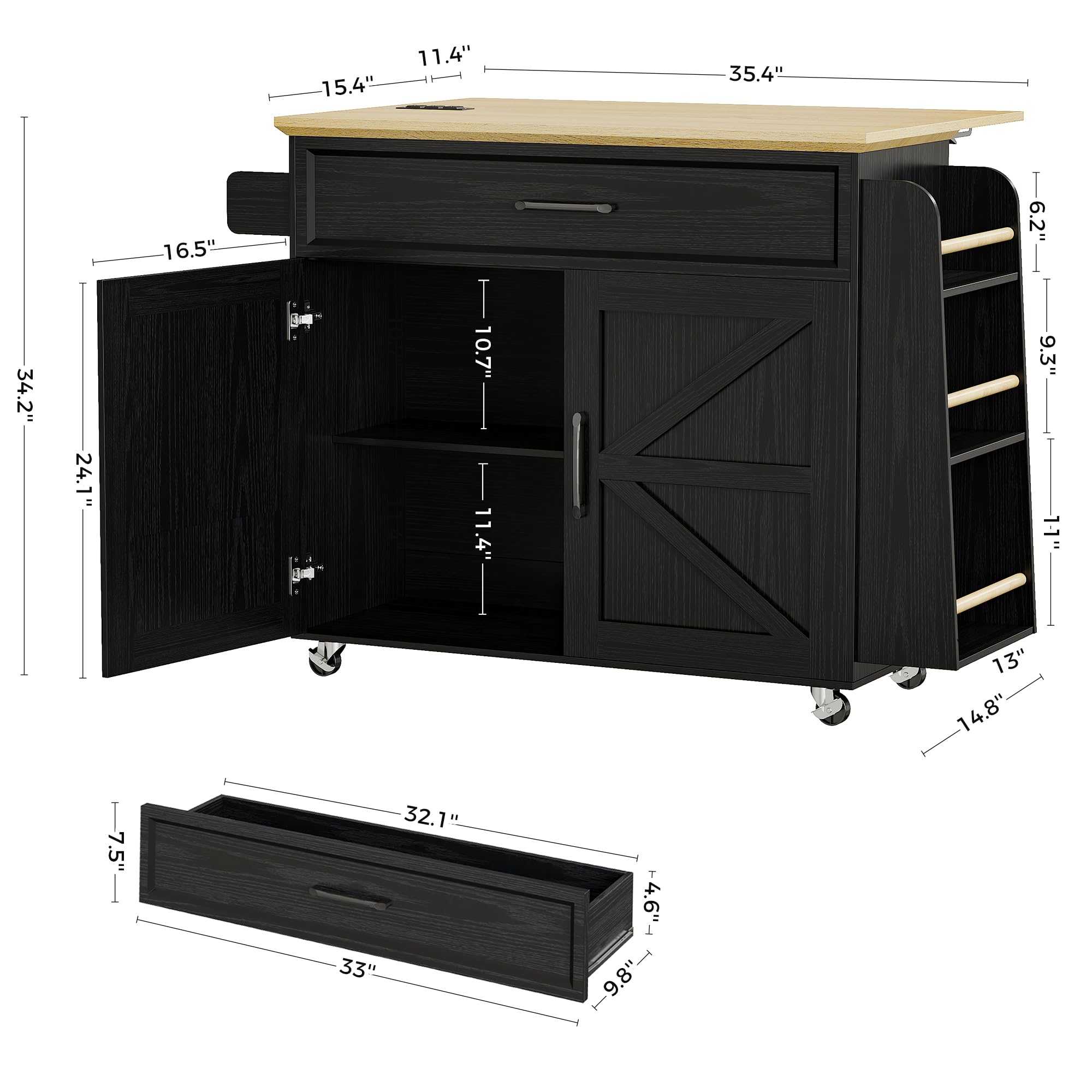Kitchen Island Cart with Storage & Drop Leaf