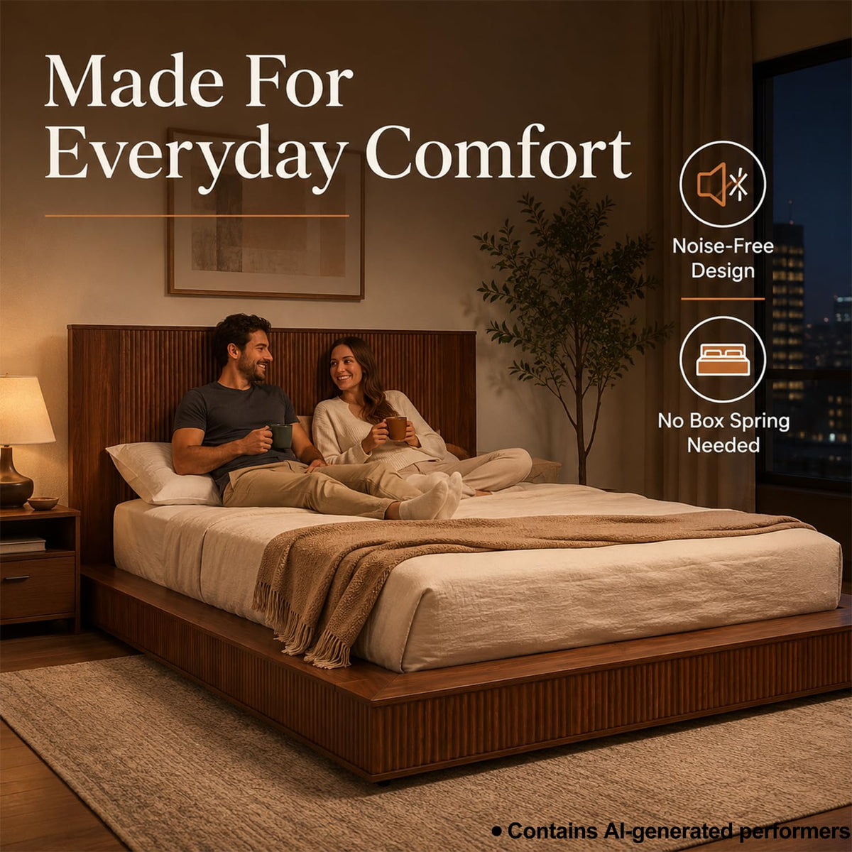 Low Profile Queen Platform Bed Frame with Vertical Fluted Headboard (Queen)