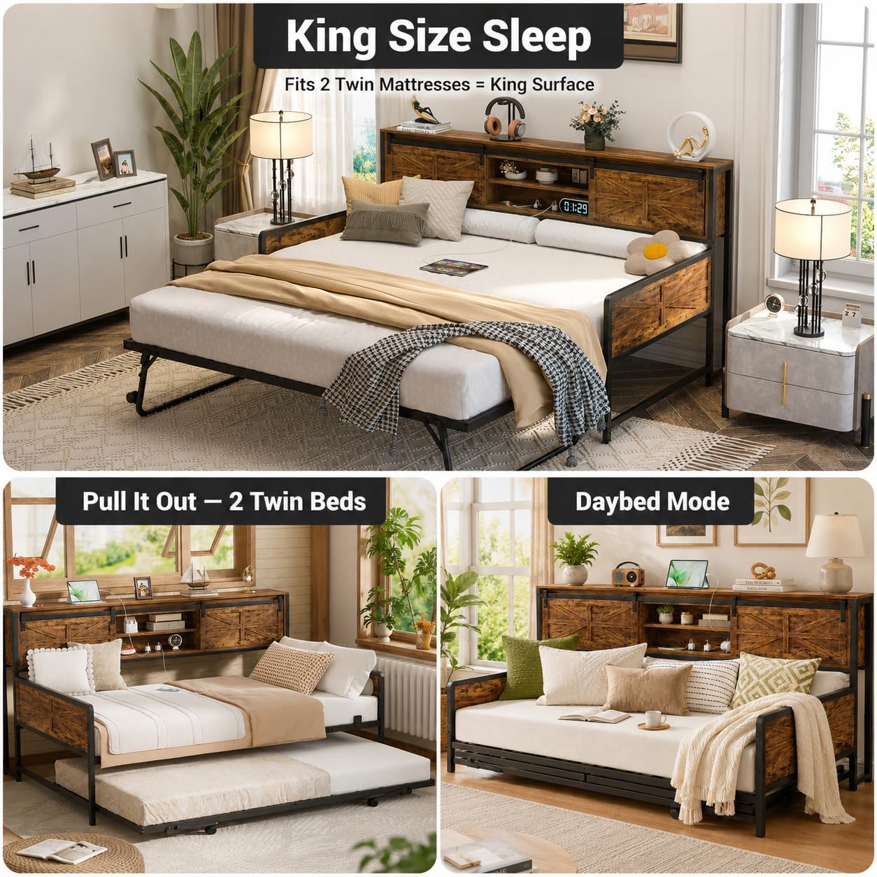 Homieasy Farmhouse Twin Daybed with Pop-Up Trundle, Metal Trundle Bed Frame with Bookcase Headboard, Charging Station & Barn Door Storage for Bedroom & Guest Room, Rustic Brown