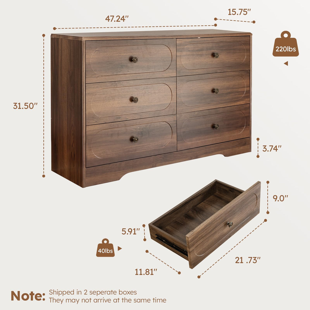 Walnut 6-Drawer Dresser