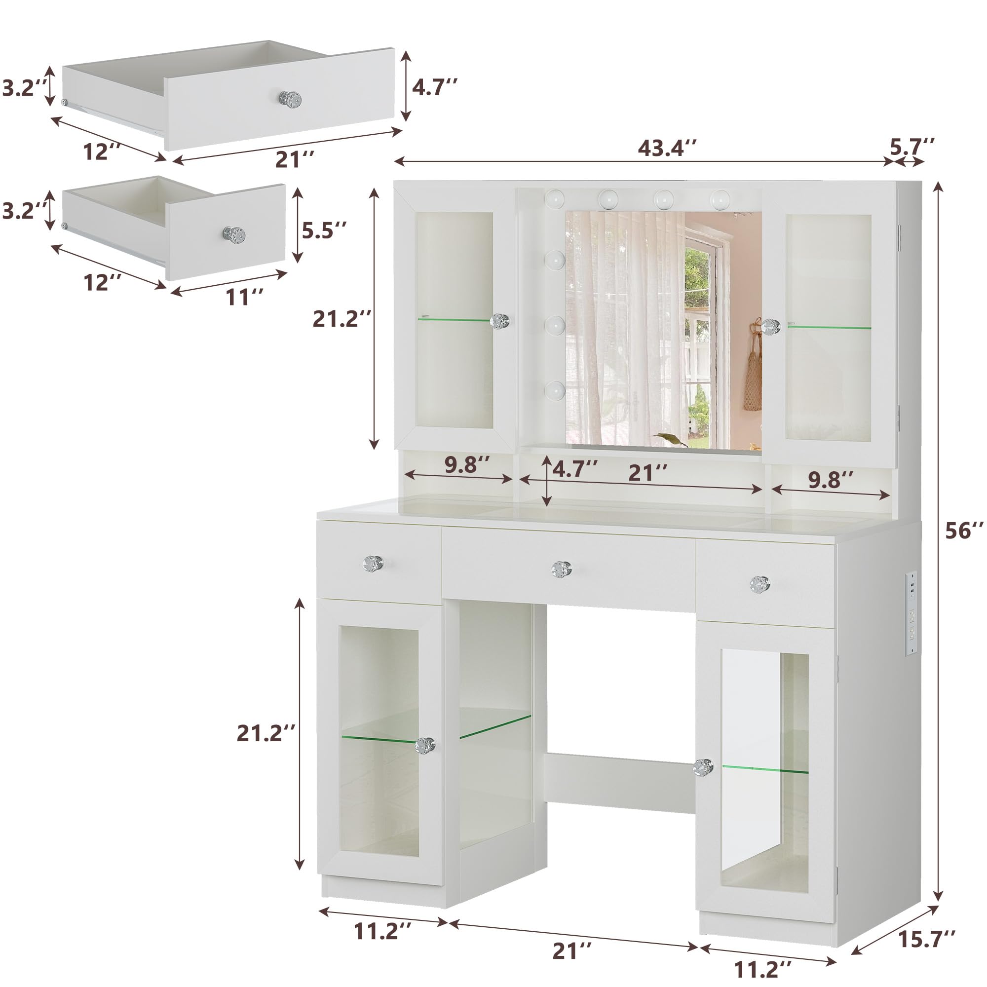 HUAHUU Vanity Desk with Mirror and RGB Lights, 43" Large Makeup Vanity with Glass Top, 4 Large Glass Cabinets, Power Outlet & 3 Drawers, 3 Colors Lighting Adjustable Brightness for Bedroom, White