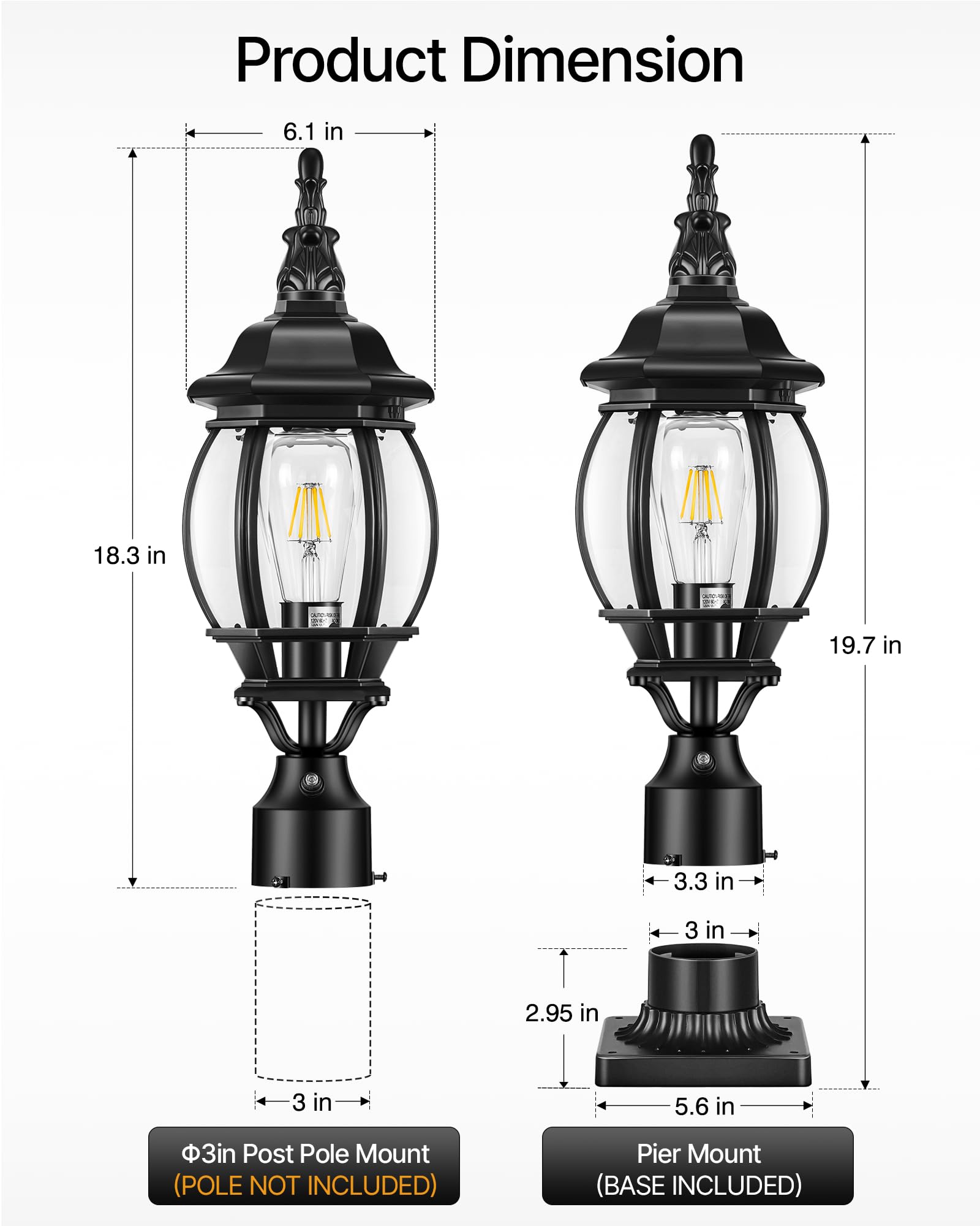 VIANIS Hard Wired Dusk to Dawn Outdoor Post Lights, Modern Exterior Lamp Post Light Fixture with Pier Mount Base, Black Anti-Rust Waterproof Outdoor Pole Lights for Front Porch Patio, Garden, Pathway