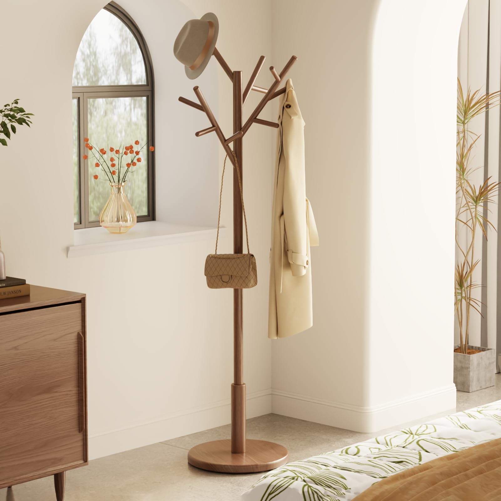 Freestanding Wood Coat Rack with 12 Hooks