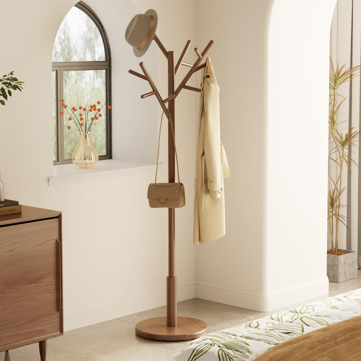 Muwuele Coat Rack, Solid Wood Coat Rack Freestanding With 12 Hooks, Coat Tree Freestanding Heavy Duty 3 Adjustable Heights For Coat, Hats, Handbags, Coat Hanger Stand For Entryway, Bedroom, Walnut