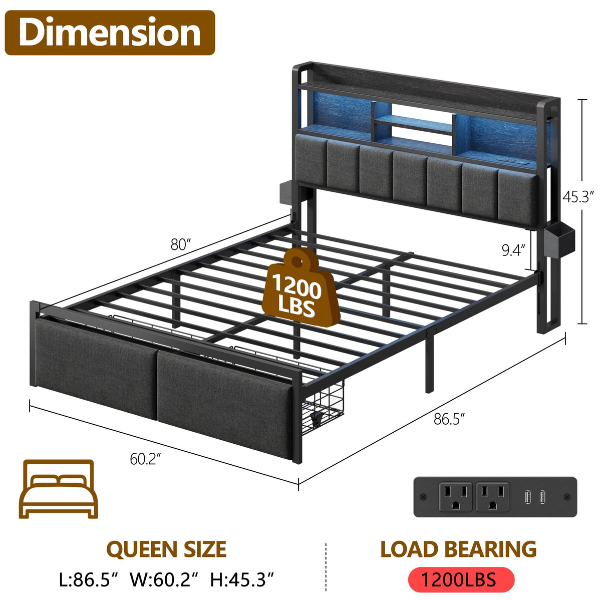 Furnulem Queen Size Bed Frame with Headboard, Drawers, Charging Station