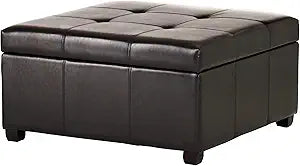Square Storage Ottoman with Tufted Faux Leather & Wood Legs
