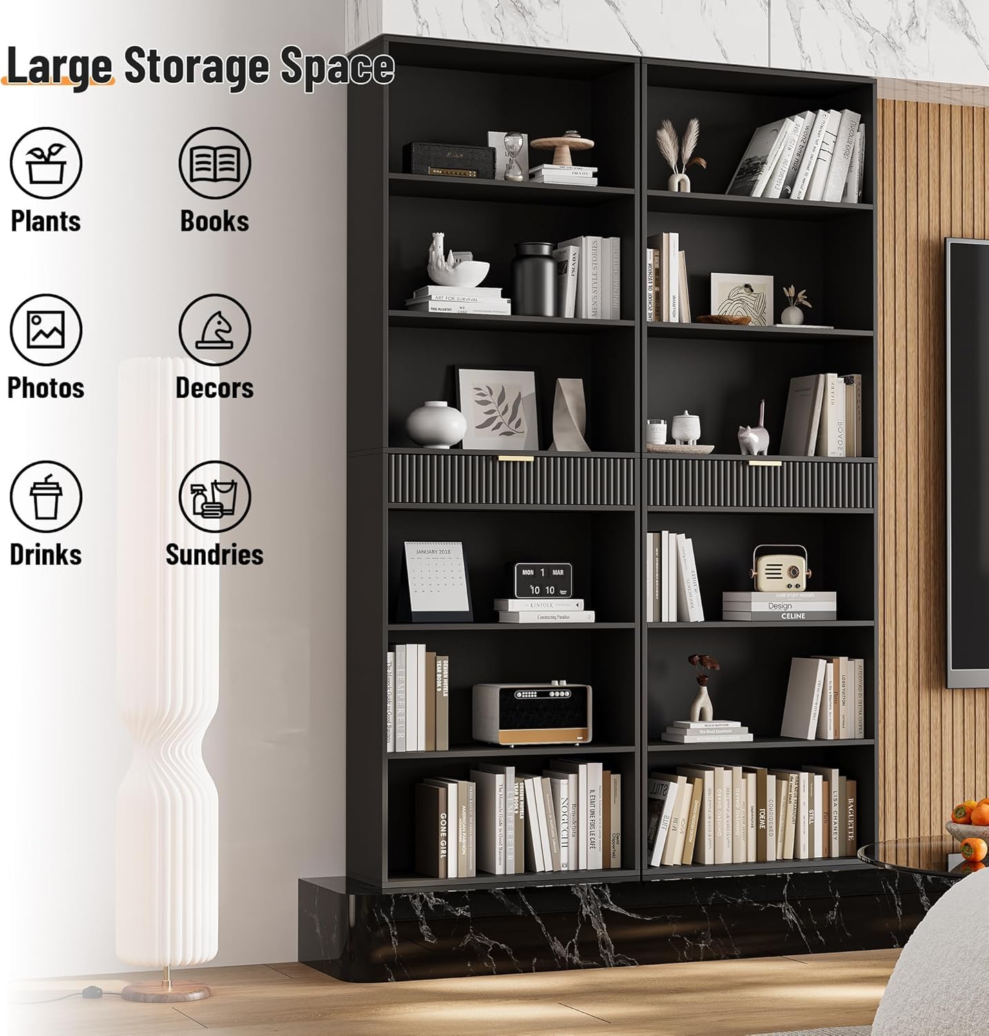 INNOD 7-Tier Bookshelf with Storage, 72" Tall Bookcase with Drawer, Display Book Shelf Book Organizer with Anti-tip Device, Home Decor Wood Furniture for Office, Bedroom, Living Room, Black