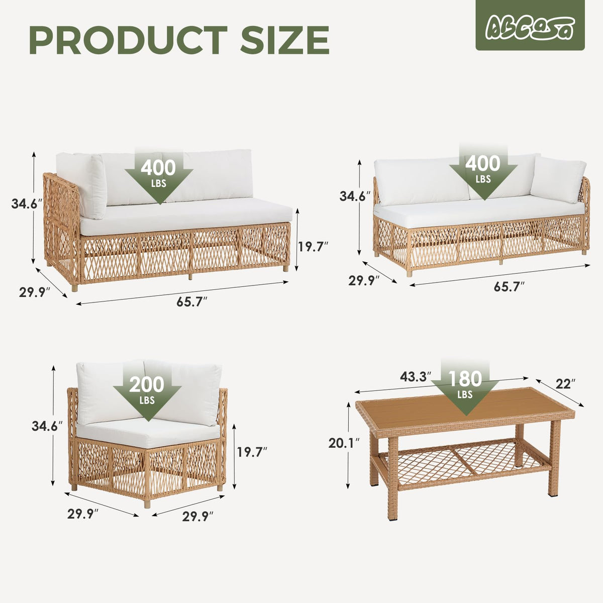ABCASA 5 Pieces Patio Sectional Furniture Set w/Waterproof Cover Beige