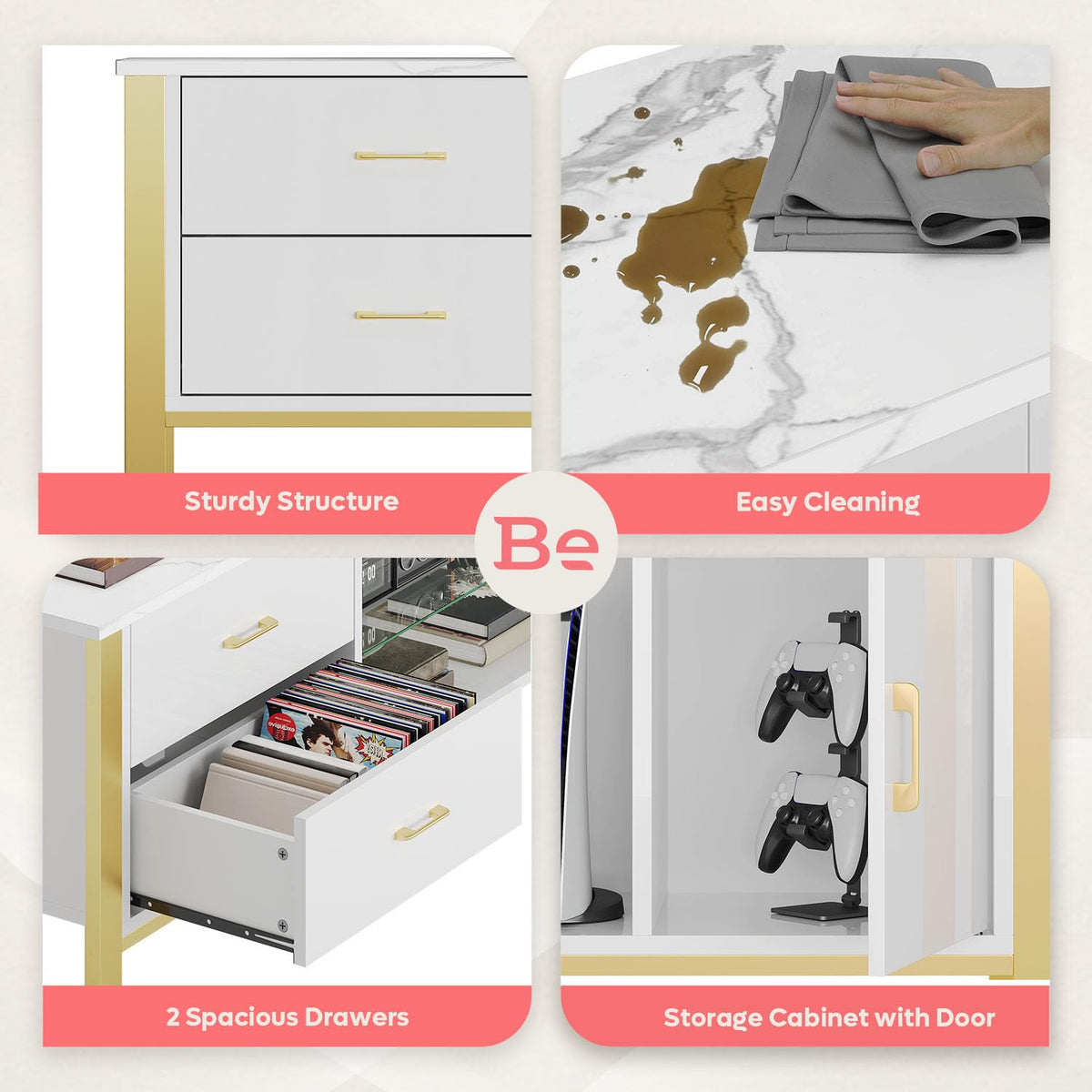 Bestier TV Stand for 75/80/85 inch TVs, LED Gaming Entertainment Center, Media Console with Glass Shelves for Living Room, 2 Storage Drawers & Cabinets for Bedroom, White Glossy