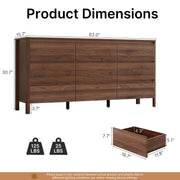MAISONARIA Walnut 9 Drawer Dresser for Bedroom, 63" Modern Dresser with Hidden Handles, Space-Saving Wooden Drawer Organizer, Living Room, or Hallway, Vertical Storage Chest of Drawers